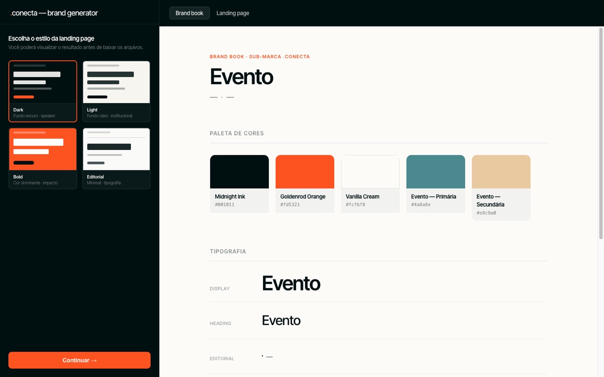 Interface do .conecta Brand Generator mostrando brand book com paleta de cores e tipografia