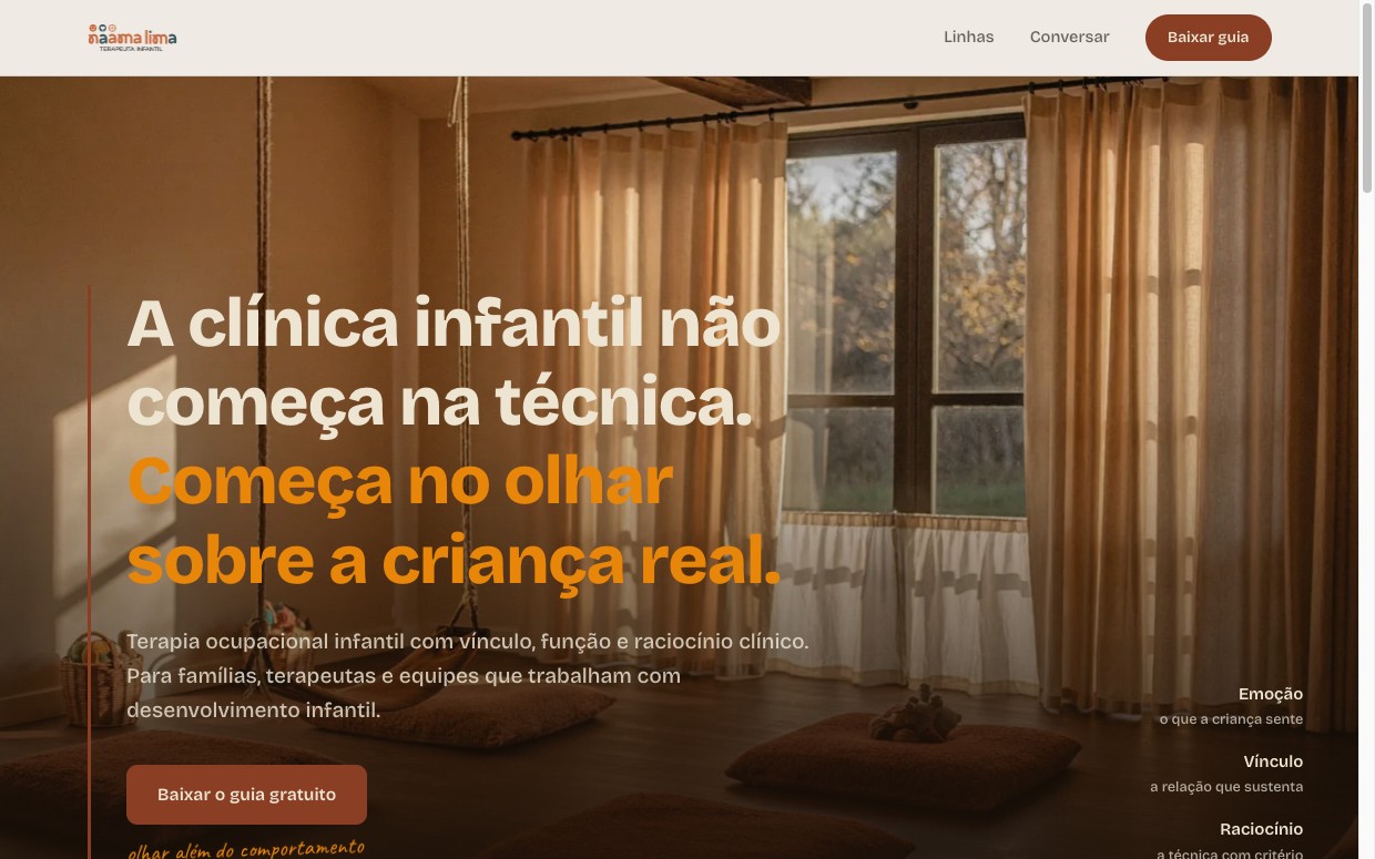 Landing page da Naama Lima com vídeo real no hero