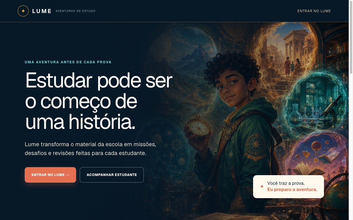 Interface do Lume Aventuras, plataforma gamificada de estudo com aventuras geradas por IA